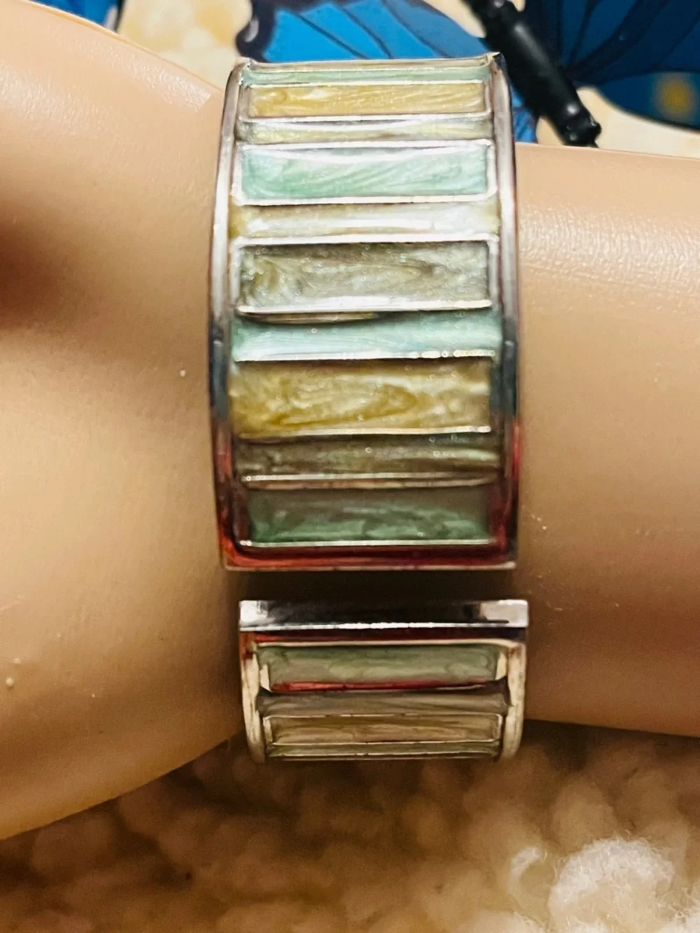 Silver Tone Women's Square Dial Watch with Blue Butterfly Accent